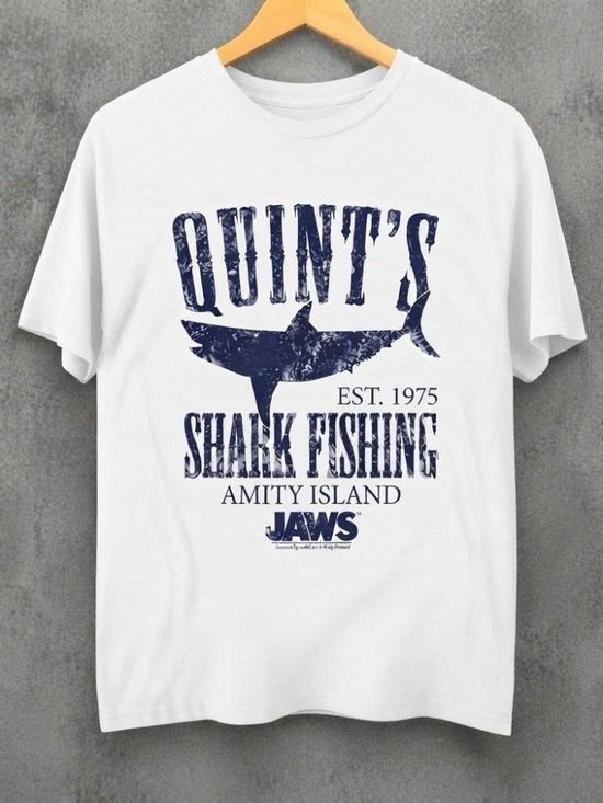 Gildan Other - Quint's Shark Fishing Graphic Tee - White with Navy Print